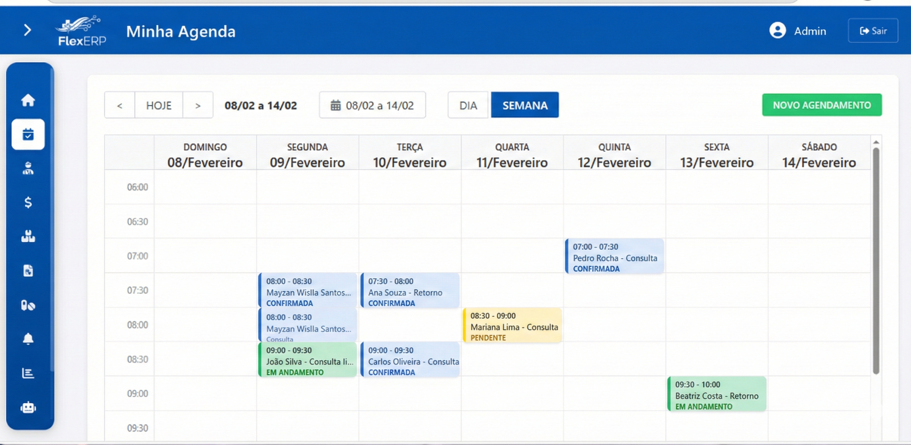Agenda médica FlexERP - visão semanal em uso